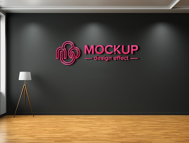 Modelo de logotipo 3D em sala de escritório parede preta Modelo de logótipo rosa 3D realista com chão de madeira