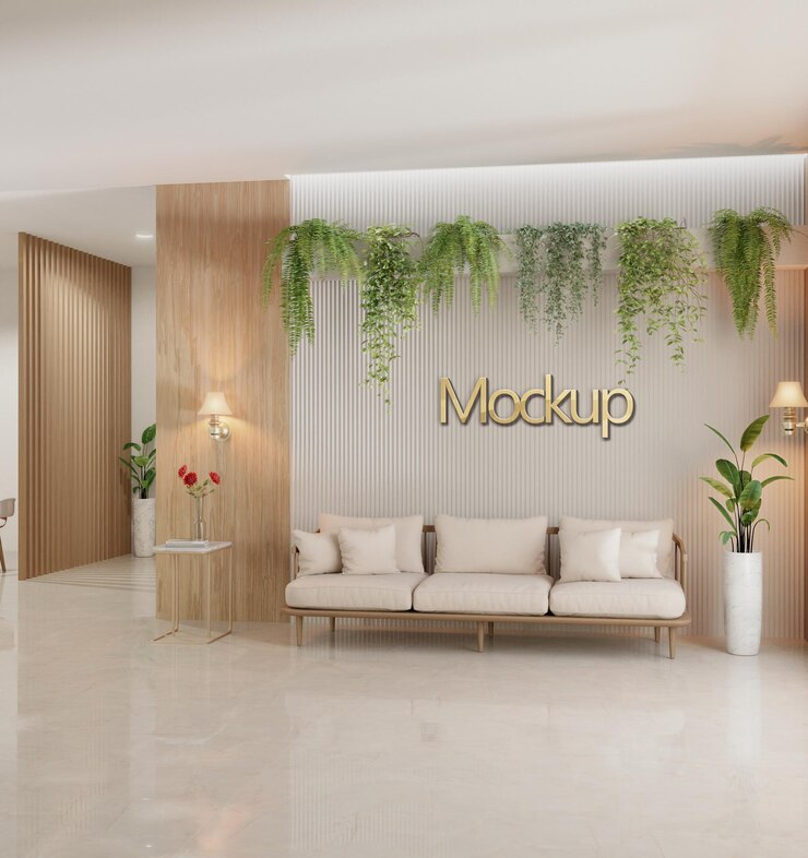 Modelo de logotipo 3D na parede do lobby moderno