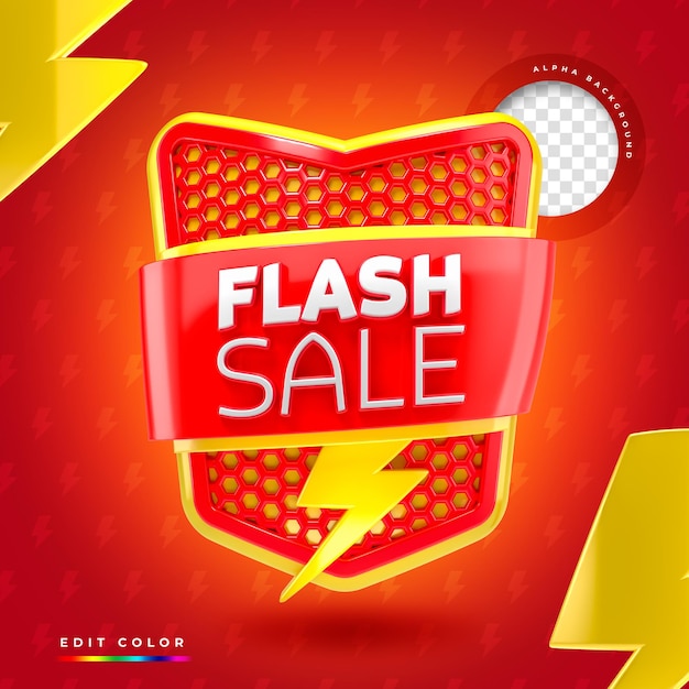 PSD modelo de logotipo de banner 3d flash sale vermelho e amarelo com raios