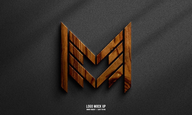 Modelo de logotipo de madeira em fundo de textura escura
