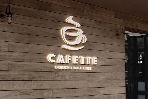 Modelo de logotipo em fachada de madeira sinal luminoso 3D
