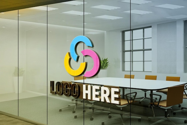 Modelo de logotipo realista em 3d na parede de vidro da sala de reuniões do escritório