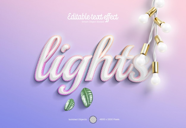 Modelo de maquete de efeito de texto 3d rosa roxo com lâmpadas de natal