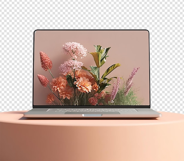 Modelo de maquete de laptop com tela de exibição de papel de parede natureza no pódio