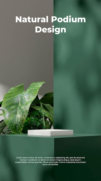 Modelo de maquete de renderização 3D do pódio branco no retrato com pedestal verde, sombra do sol e plantas