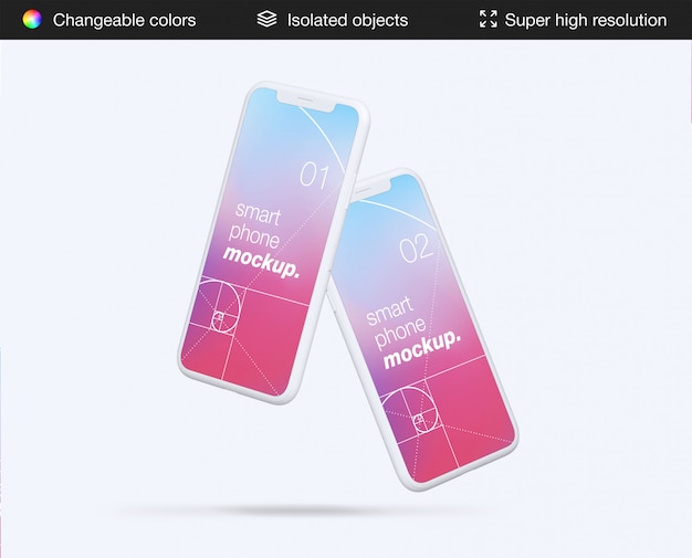 Modelo de maquete de telas de aplicativo minimalista de dois smartphones flutuantes