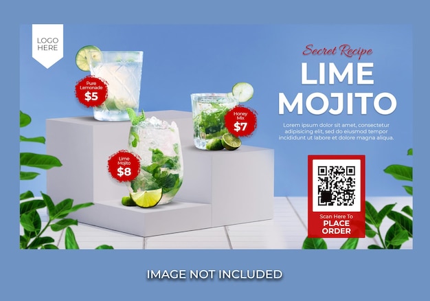 Modelo de menu de bebida mojito para banner de paisagem de página de destino