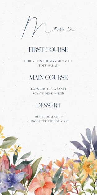 PSD modelo de menu de comida convite de casamento com aquarela de flores e folhas