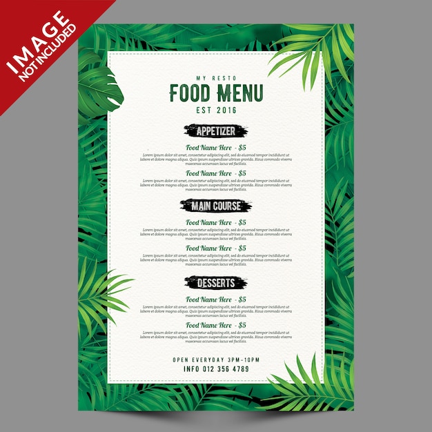 Modelo de menu de restaurante com folhas tropicais