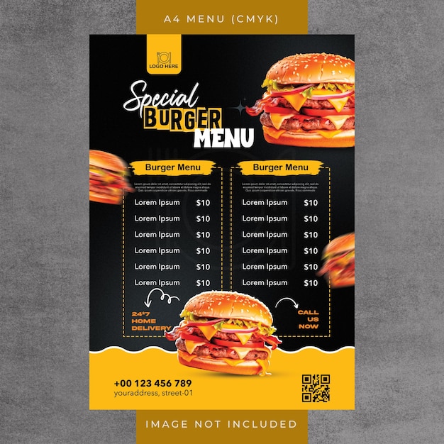 Modelo de menu de restaurante de hambúrgueres especial de PSD gratuito