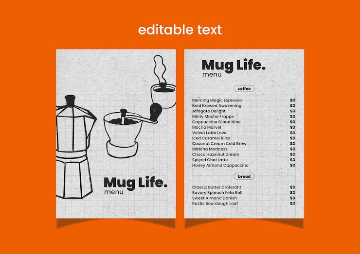 PSD modelo de menu de restaurante e cafeteria texto editável