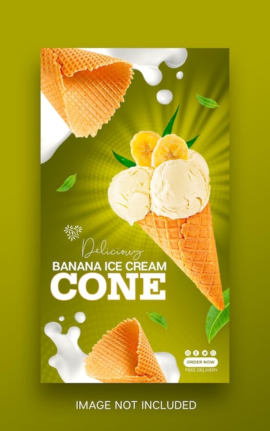 PSD modelo de mídia social de cone de sorvete de banana fresca design de postagem do instagram