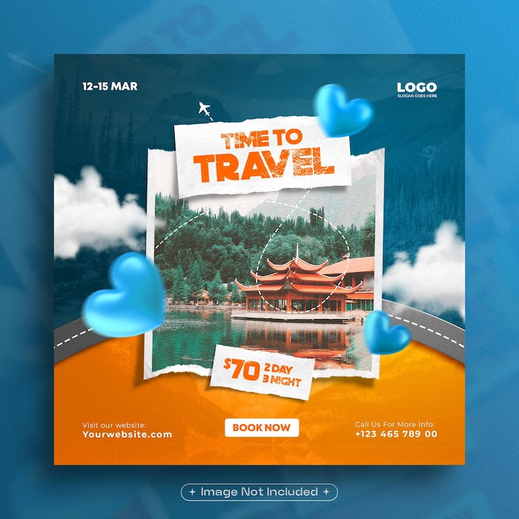 PSD modelo de mídia social de viagens e turismo com moldura de foto