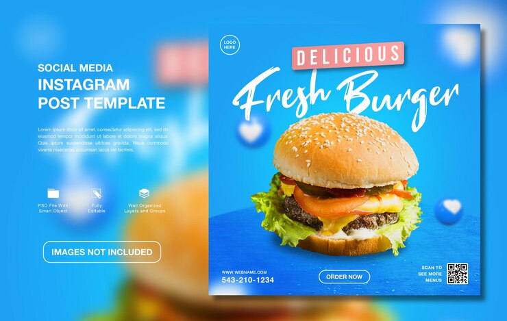Modelo de mídia social do instagram com menu de hambúrguer delicioso