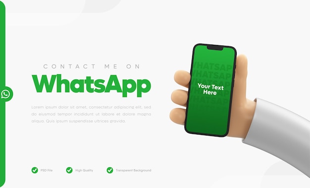 Modelo de mídia social do WhatsApp com mão de desenho animado e maquete de smartphone