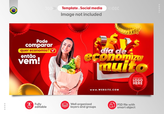 PSD modelo de mídia social em português para super mercado e campanha de vendas no varejo dia de economizar muito