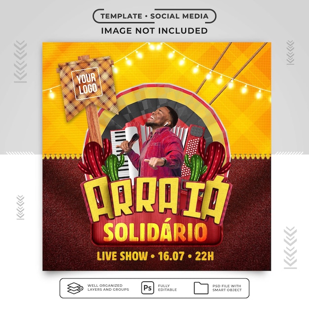 PSD modelo de mídia social feed arraia solidario para festa junina