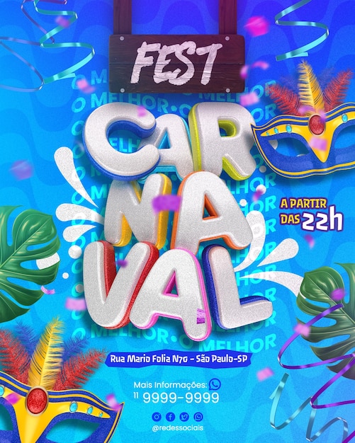 PSD modelo de mídia social festividades de carnaval no brasil com fundo colorido