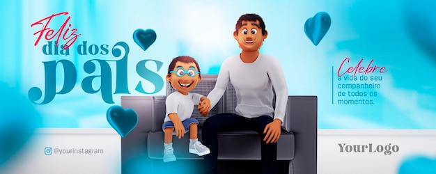 PSD modelo de mídia social para o dia dos pais do brasil com carimbo e ilustração 3d