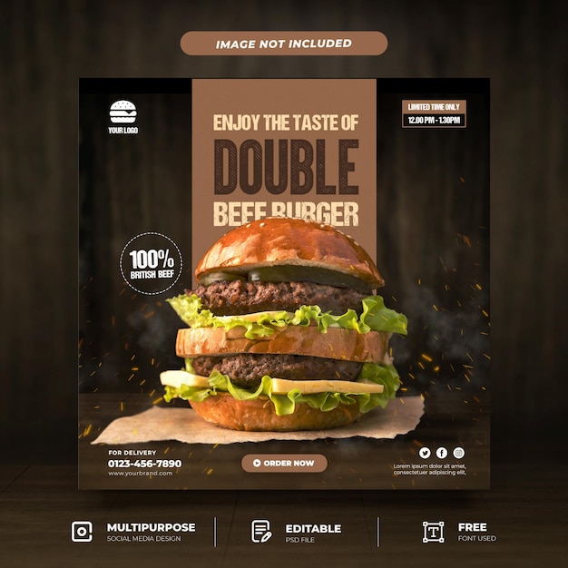 PSD modelo de mídia social para promoção de hambúrguer saboroso