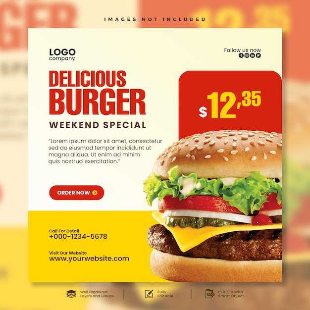 Modelo de mídia social para promoção de hambúrgueres deliciosos para o fim de semana