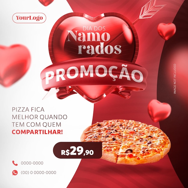 PSD modelo de mídia social para vendas de pizza de dia dos namorados no brasil com carimbo 3d