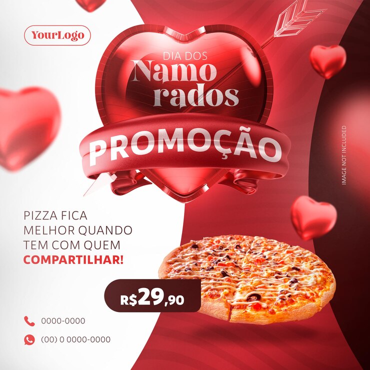 PSD modelo de mídia social para vendas de pizza de dia dos namorados no brasil com carimbo 3d