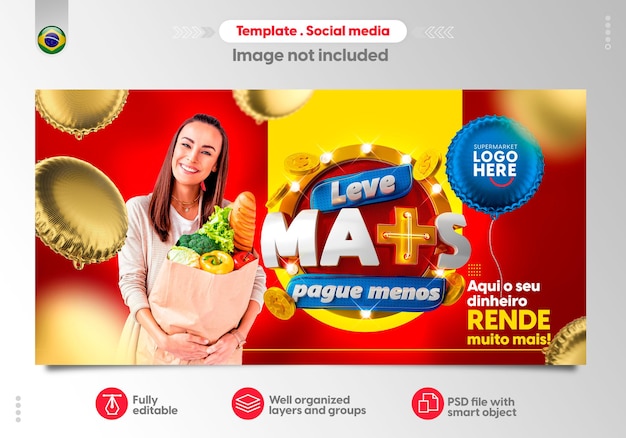 PSD modelo de mídia social português com texto editável para vendas de super mercado leva mais pague menos