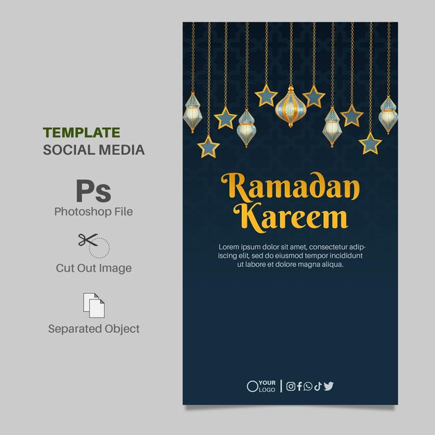 PSD modelo de mídia social ramadan kareem com lanterna