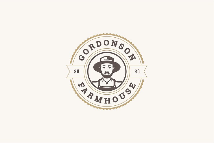 PSD modelo de modelo de logotipo do mercado agrícola em círculo desenhado por um homem agrícola com um retrato de chapéu