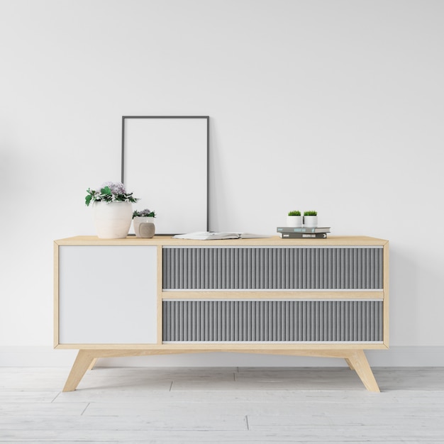 Modelo de moldura branca em branco em mesa de madeira