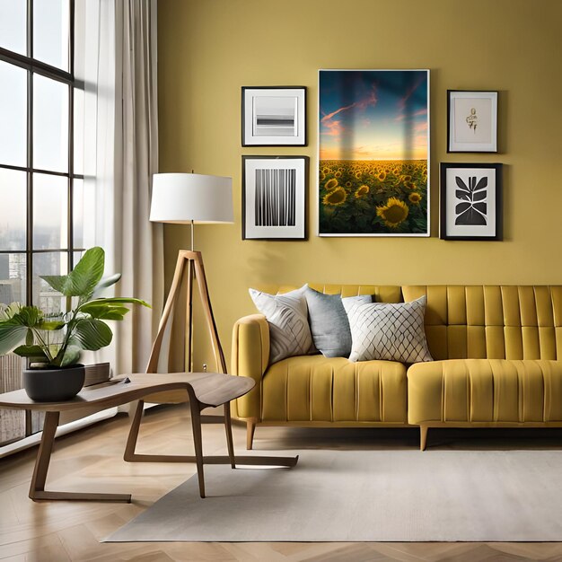 PSD modelo de moldura de sala de estar amarela moderna