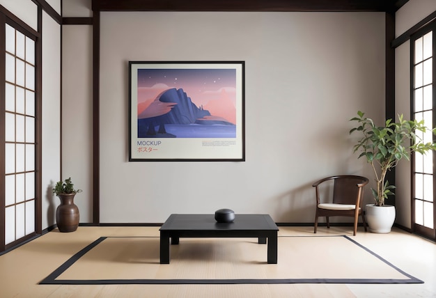Modelo de moldura em um quarto decorado em estilo japandi