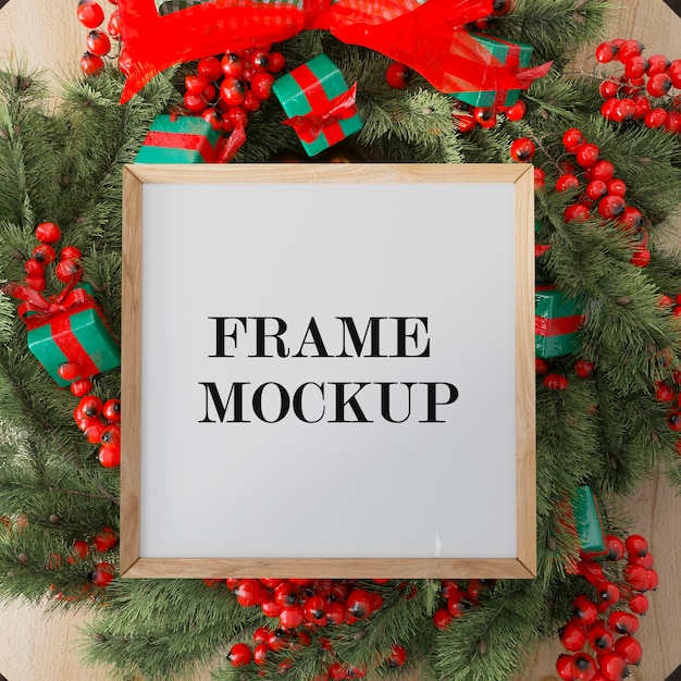 Modelo de moldura para foto de presente festivo de Natal em renderização 3d