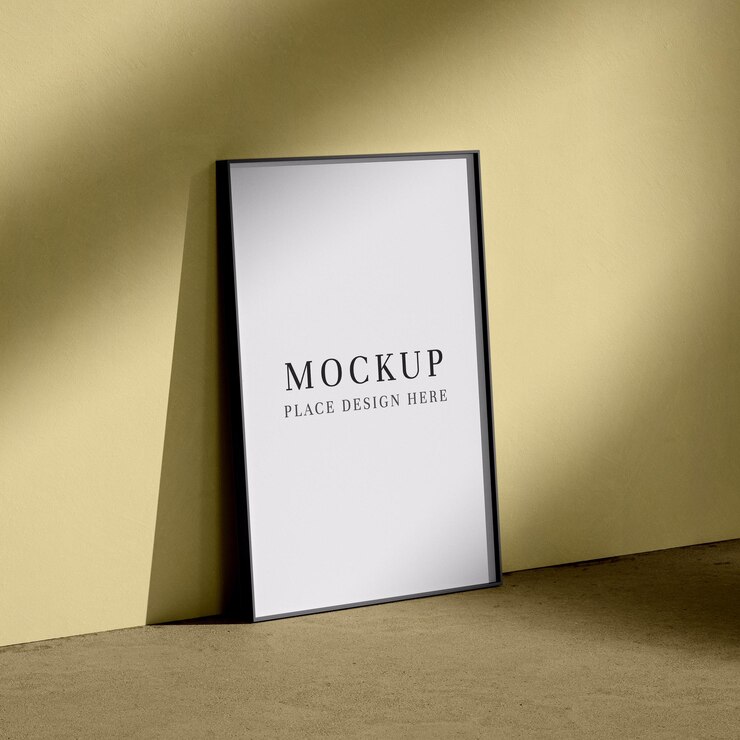 PSD modelo de moldura vertical de cartaz na parede amarela com sombras
