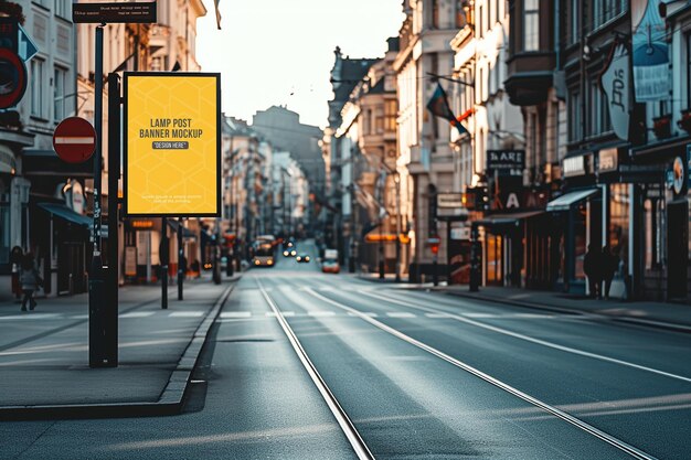 Modelo de outdoor publicitário com duas lâmpadas perto da calçada na cidade