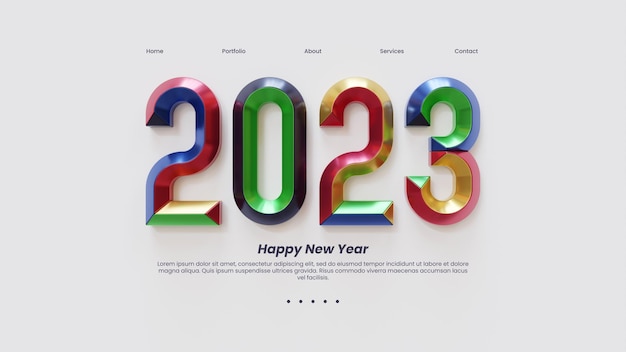 Modelo de página da web de ano novo de 2023 com tipografia 3d