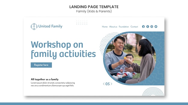 PSD modelo de página de destino com família e filhos