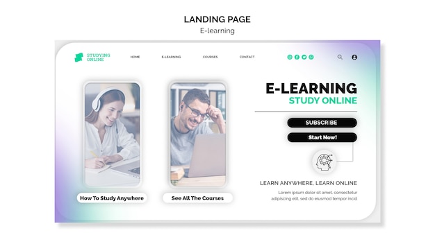 PSD modelo de página de destino de e-learning com design gradiente