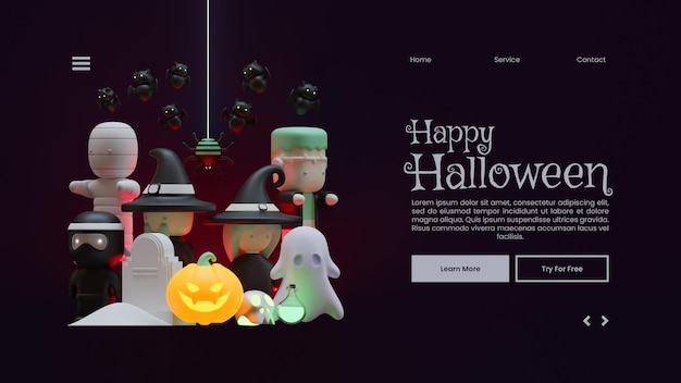 Modelo de página de destino de halloween com composição de ilustração de renderização 3d