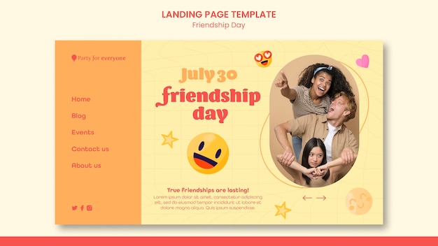 PSD modelo de página de destino do dia da amizade com emoticons