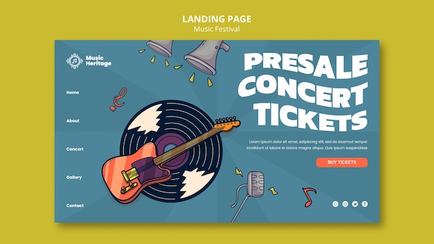 Modelo de página de destino do festival de música com disco de vinil desenhado à mão e guitarra