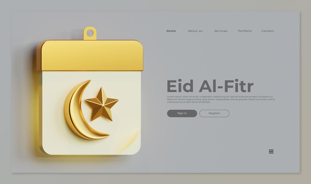 Modelo de página de destino eid al fitr com renderização 3d do calendário