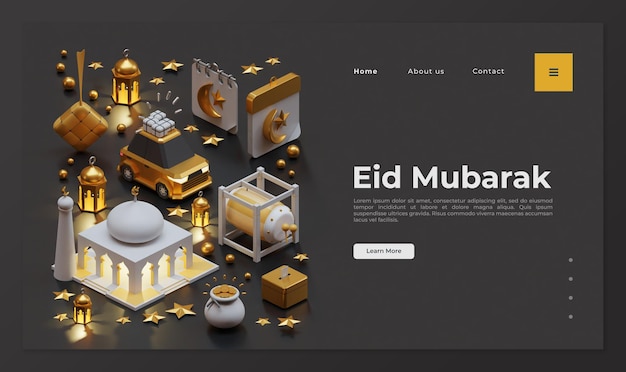 Modelo de página de destino eid mubarak com composição isométrica de renderização 3d