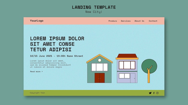 PSD modelo de página de destino para nova cidade com edifícios