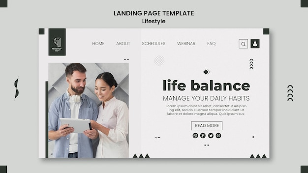 PSD modelo de página de destino para produtividade e equilíbrio de vida