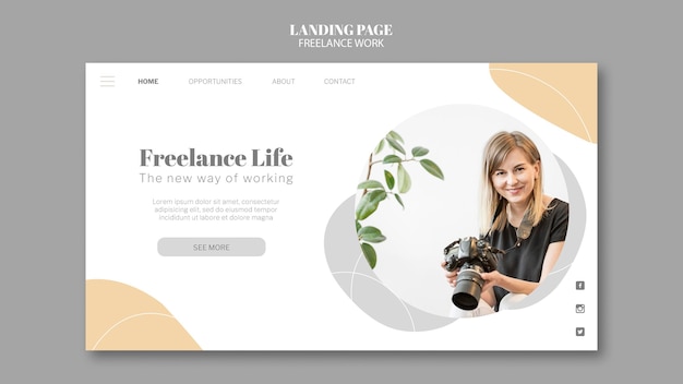 PSD modelo de página de destino para trabalho freelance com fotógrafa