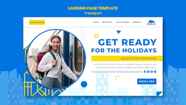 PSD modelo de página de destino para transporte público com passageiro feminino