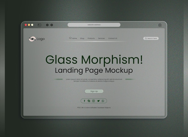 PSD modelo de página de destino psd gratuito com apresentação de interface de morfismo de vidro