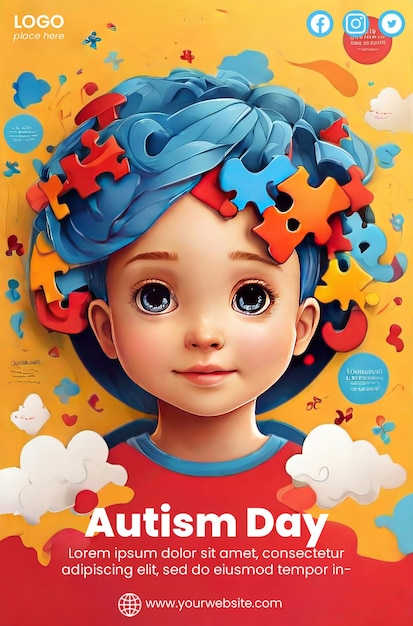 PSD modelo de panfleto com ilustração de postagem de mídia social do dia da conscientização sobre o autismo
